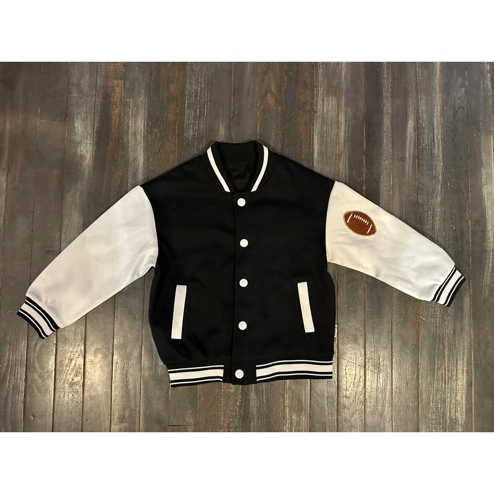 Kids Harlem Varsity Jacket Black White Football Patch Letterman Snap Front Coat